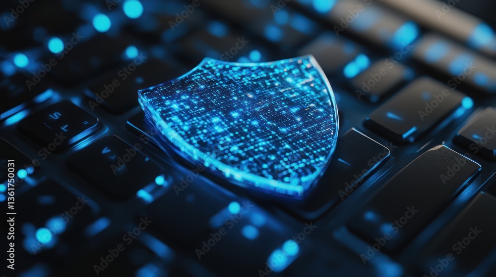 Poster digital shield on a keyboard, representing online security