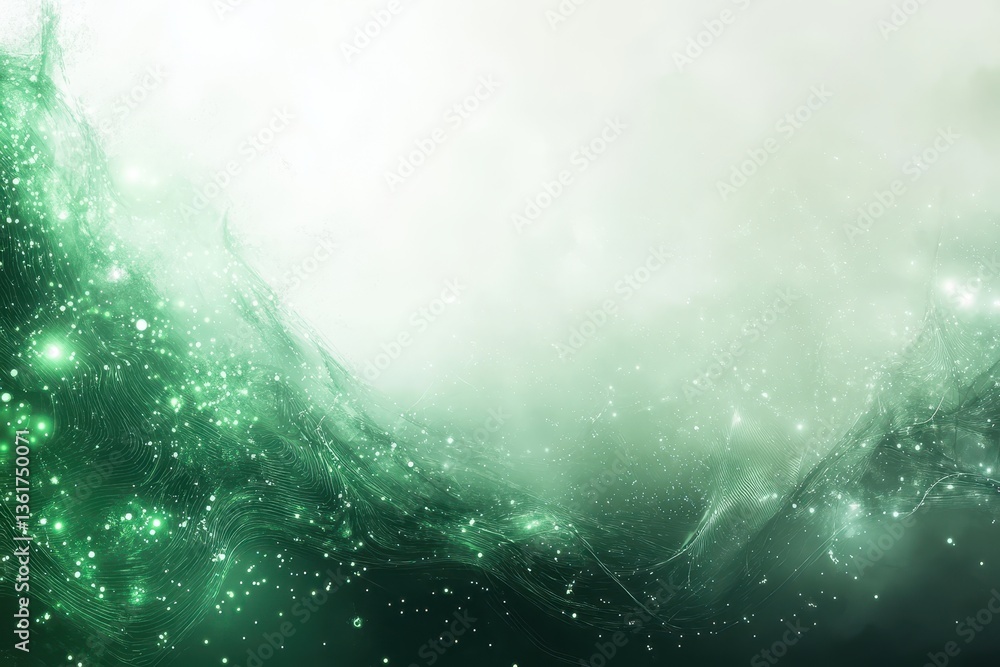 Poster abstract green wave with glowing particles and blurred light background. use as visual for technolog