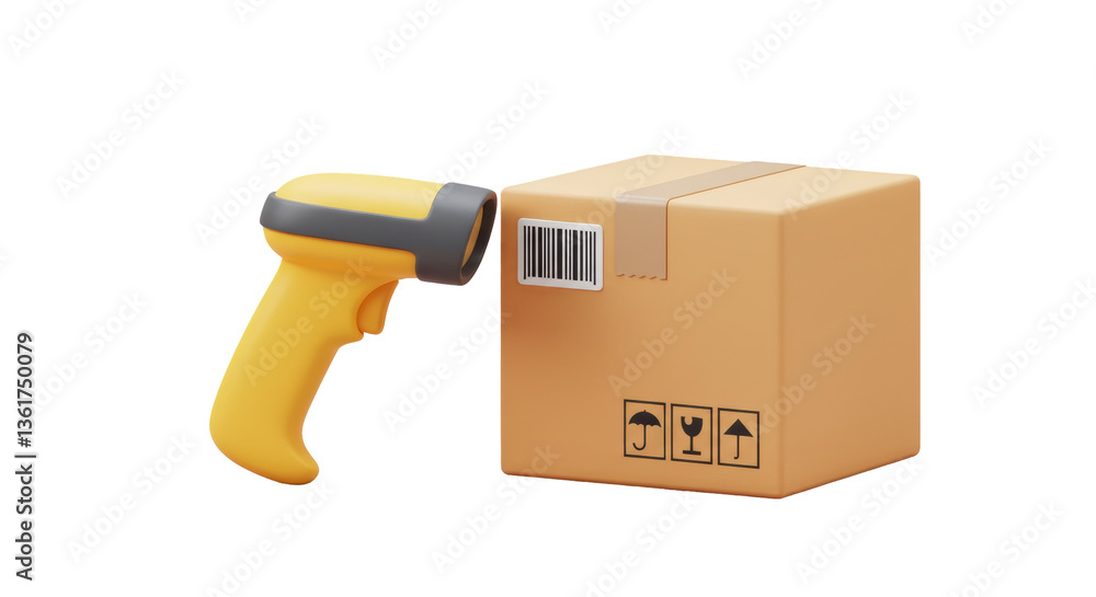 Poster isolated 3d render of a barcode scanner scanning a box