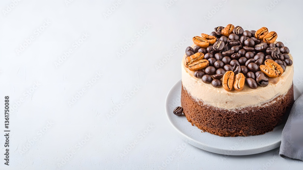 Poster decadent mocha espresso cake garnished with crunchy nuts on a plate with copy space for text and rea