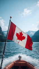 Canadian flag flying from a boat on a scenic lake, surrounding mountains. Canada Day, Civic Holiday
