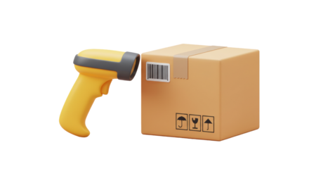 Isolated 3D Render of a Barcode Scanner Scanning a Box