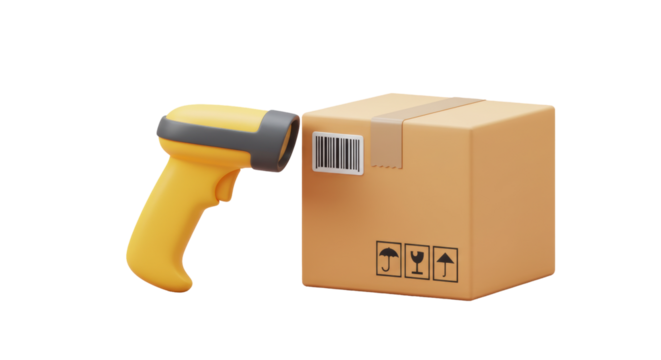 Isolated 3D Render of a Barcode Scanner Scanning a Box