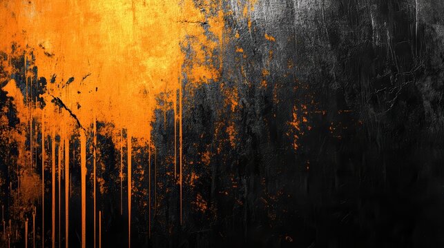 Texture of dark wall with orange splatter paint dripping down. Use it for grunge designs, backgrounds, or artistic presentations.