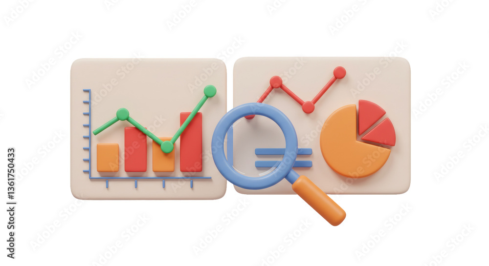 Poster isolated 3d render of financial analysis with magnifying glass and graphs