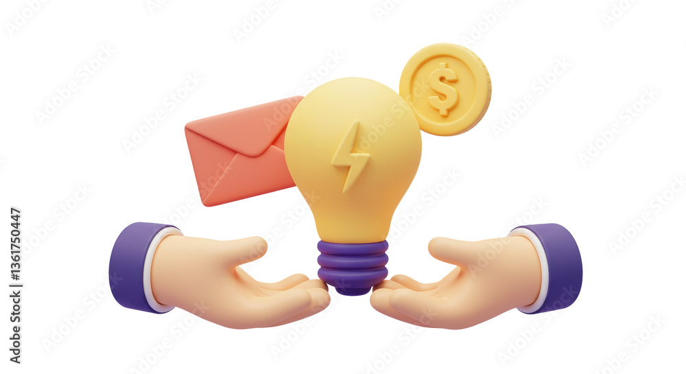 Poster isolated 3d render of hands presenting a lightbulb with money and envelope