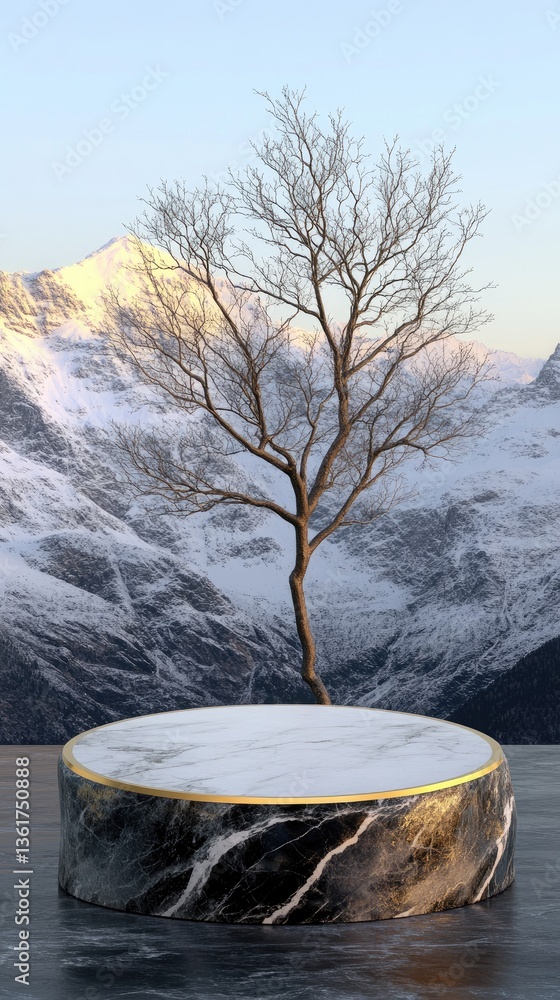 Poster a podium for product presentation features a minimalistic scene with a rock and tree, inviting a bri