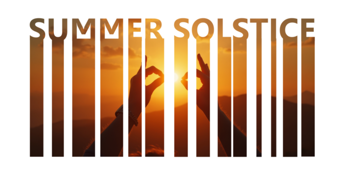 Hands forming circle around sun at sunset overlaid with SUMMER SOLSTICE text in vertical bars. Summer solstice celebration and nature concept