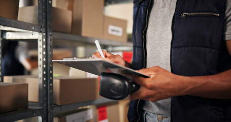 Logistics, hands or writing on clipboard in warehouse for stock pricing, check product code or inspection. Supply chain, distribution or person with inventory scanner for cargo shipping and delivery