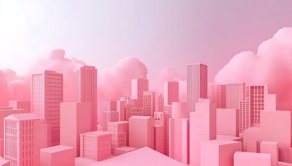 Pink cityscape with soft lighting, featuring pink buildings and sky in the background