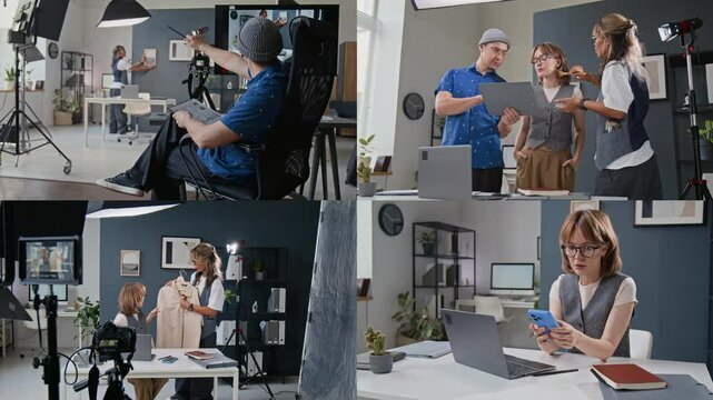 Split screen of film director working on set, group discussing script, stylist discussing outfits, and actress filming office scene in studio