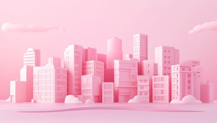 Pink cityscape with soft lighting, featuring pink buildings and sky in the background