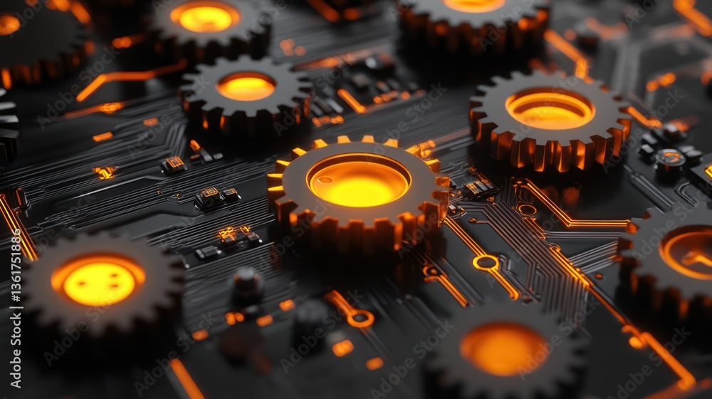 Aufkleber gears on circuit board; futuristic technology; mechanical; intricate design; background; possible us