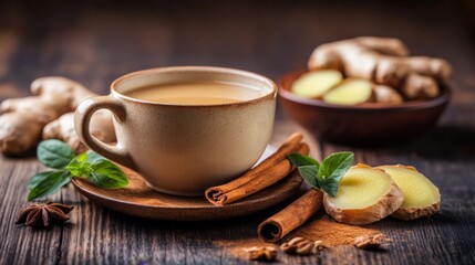 Warm herbal coffee surrounded by ginger, cinnamon, and honey creates a cozy, inviting atmosphere