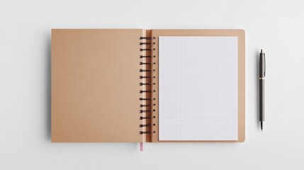Open spiral notebook, blank pages, pen, on white surface