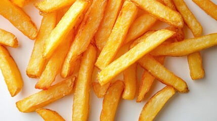 Pile of golden, crispy french fries, greasy and delicious on white surface. Use this image for menus, blogs, and ads related to fast food.