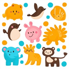 Naklejka premium Adorable Pastel Cartoon Animals on White Background