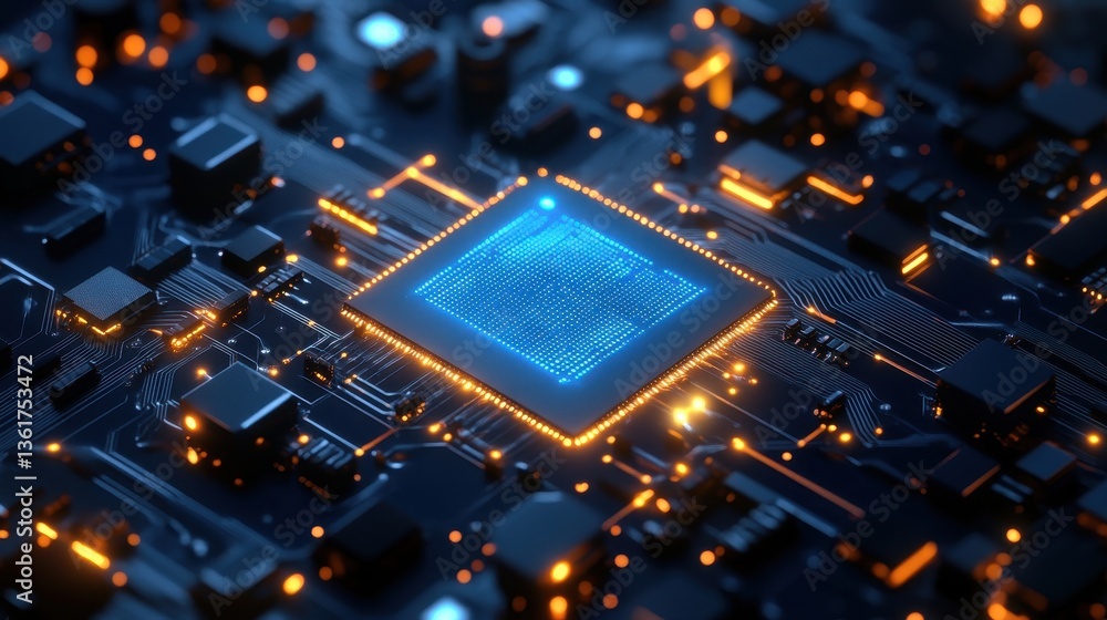 Poster detailed view of a glowing blue cpu on a dark circuit board. use this for futuristic technology, dat