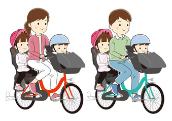 子供を乗せた3人乗り自転車のイラスト