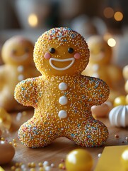 Cute and cheerful gingerbread man cookie decorated with white icing and colorful sprinkles, surrounded by festive elements and warm lighting for a holiday baking scene
