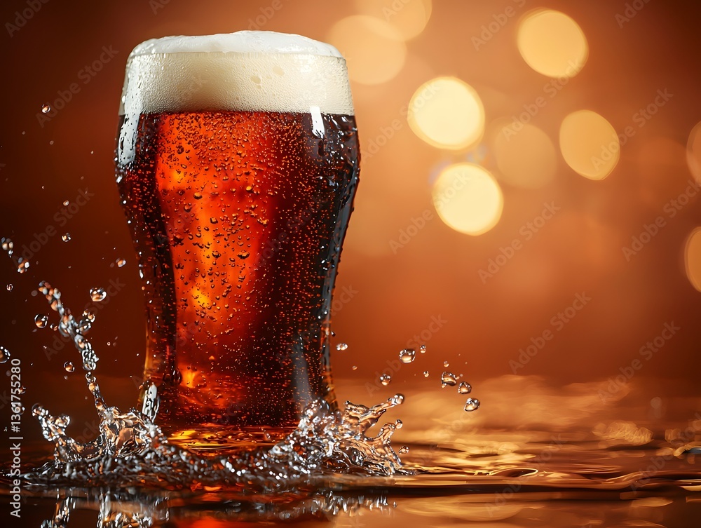 Poster glass of golden beer with refreshing bubbles and splash captured in classic english pub setting with