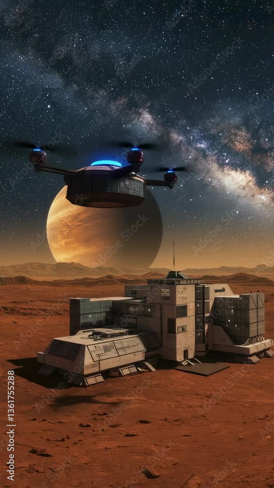 Poster mars exploration and colonization concept with futuristic base and drone. red planet surface with sp