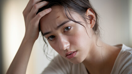 Fototapeta premium Close-up of a young woman with dark hair, hand on forehead, showing a pensive expression. Image conveys feelings of worry or contemplation.