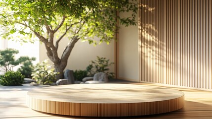 A wooden platform in a serene outdoor garden setting