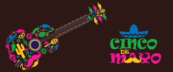 Cinco de Mayo colorful fun design. Mexican fiesta concept. Banner, poster  template background for mexico independence celebration with music and giutar, flowers, decorations and copy space for text.
