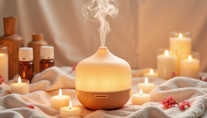Aromatherapy diffuser releasing gentle mist in calming space, relaxation