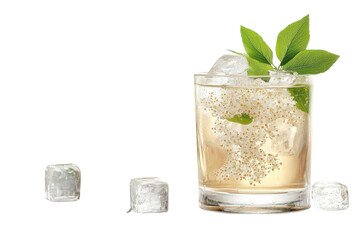 A Refreshing Elderflower Cocktail, Delicately Garnished With Fresh Mint And Ice Cubes, Sparkles In A Rocks Glass Against A Clean White Backdrop Isolated on Transparent Background