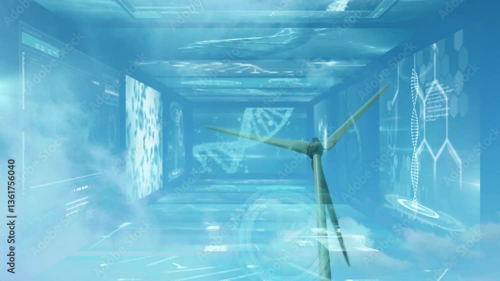Poster animation of wind turbine spinning in digital corridor with dna and data visuals