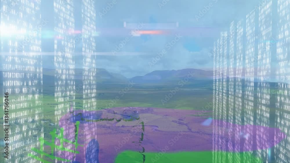 Poster binary code animation over scenic landscape with mountains and fields
