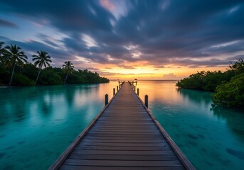 Fototapeta premium Serene sunrise over tranquil lagoon wooden pier. AI Generated