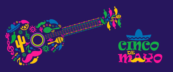 Cinco de Mayo colorful fun design. Mexican fiesta concept. Banner, poster  template background for mexico independence celebration with music and giutar, flowers, decorations and copy space for text.