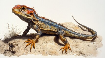 Naklejka premium vibrant collared lizard basking atop a sandy mound showcasing its intricate scales and spiky dorsal crest under soft diffused lighting conditions