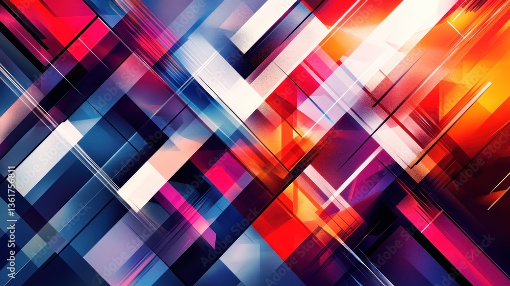 Poster dynamic composition showcasing diagonal lines and geometric shapes with vibrant colors creating a mo