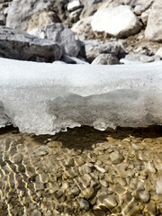close-up of melting snow over clear water with rocky bottom. sunlight reflecting on the stones....