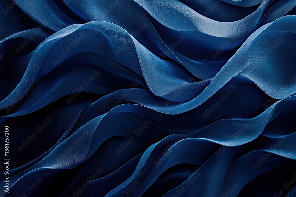 Poster deep blue flowing fabric waves. abstract, elegant, and dynamic 3d rendering of silk-like material. t