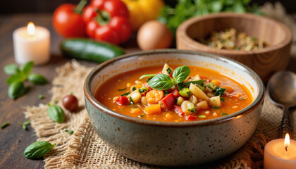 Warm vegetable soup in rustic bowl on cozy table, healthy lifestyle
