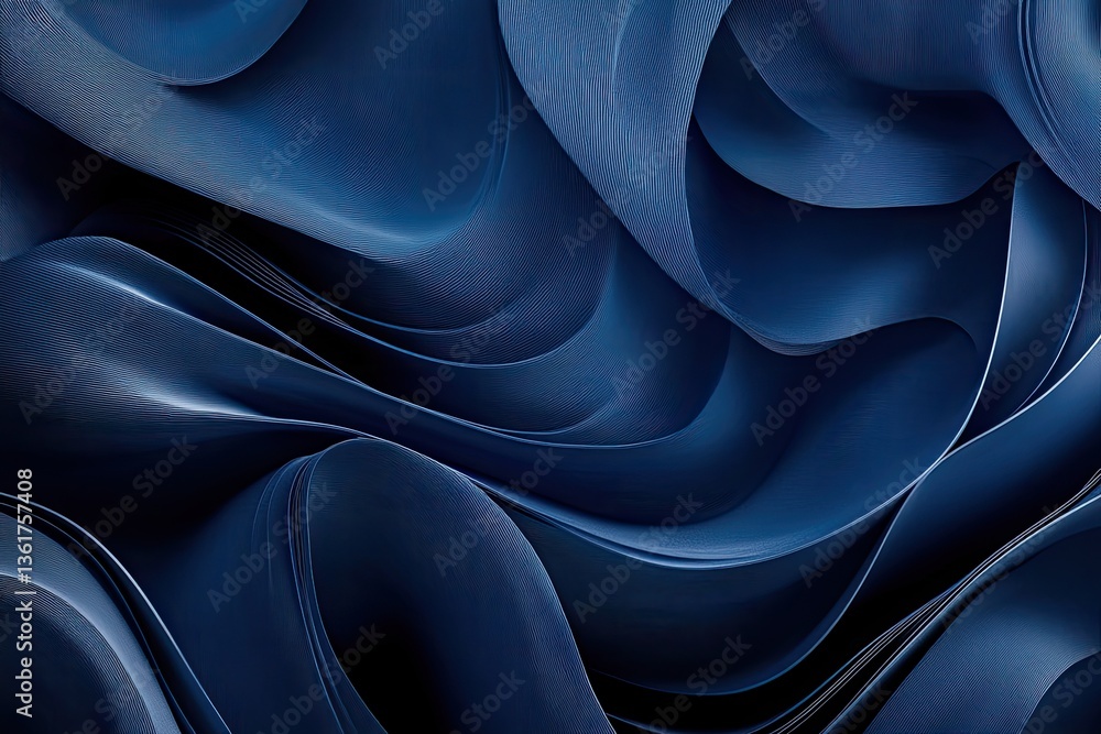 Poster deep blue flowing abstract waves. intricate folds and curves create a dynamic, textured surface. ric
