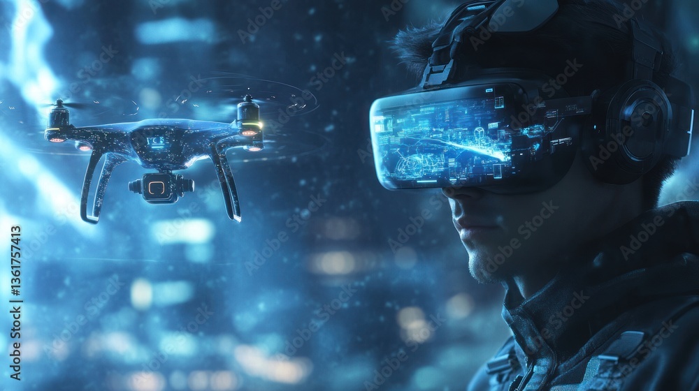 Poster futuristic drone pilot navigating virtual cityscape with augmented reality headset