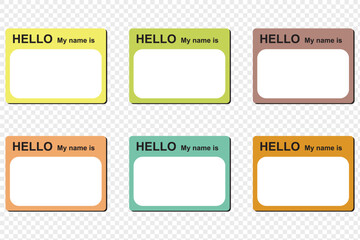 Hello my name is, sticker label set. Meeting, introduction, vector flat colored illustration on white background .