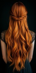 Woman with long, shiny auburn hair, styled in a half-up, half-down waves. Black background