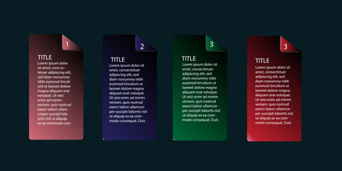 Modern infographic design with four vertical gradient banners in red, blue, green, and brown. Each section has a folded corner with numbering. Ideal for business presentations and data visualization.
