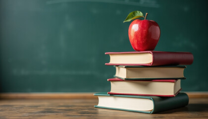 Stack of books with apple on classroom desk
