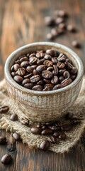 Fototapeta premium Aromatic Freshly Roasted Coffee Beans Fill Rustic Bowl on Burlap, Beverage Ingredient, Recipe Image