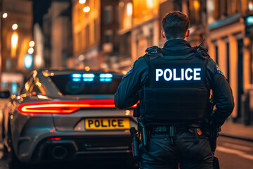 Fototapeta premium a police officer standing next to their car with blue and red lights flashing, the word police on their vest,