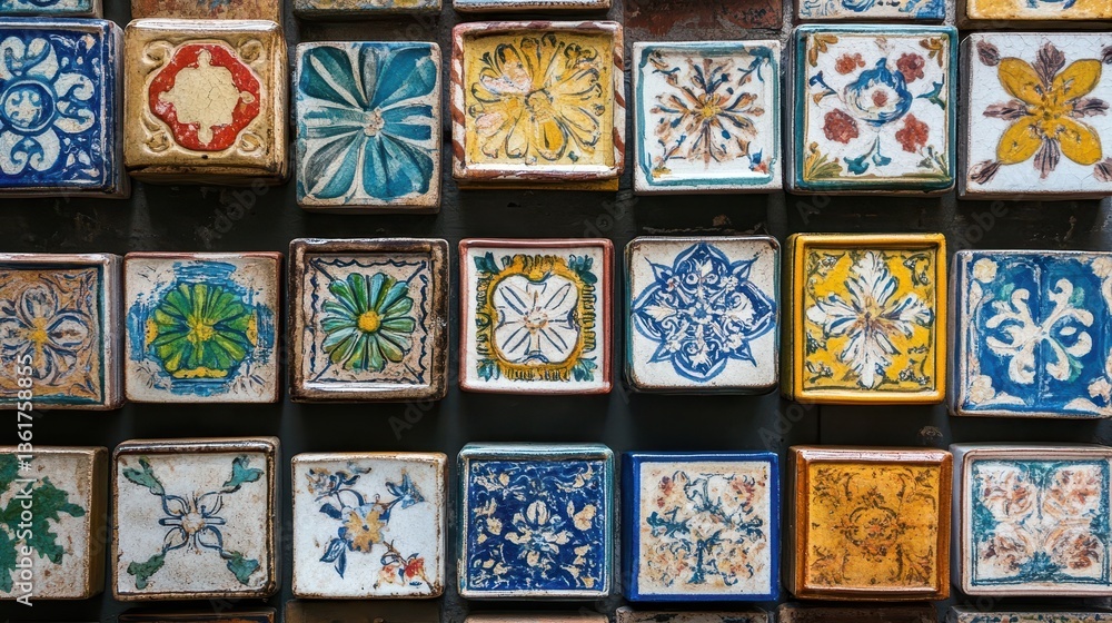 Poster a close up image shows various decorative square tiles in a row