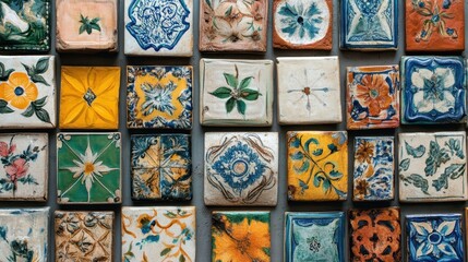 Colorful square ceramic tiles with various floral designs displayed